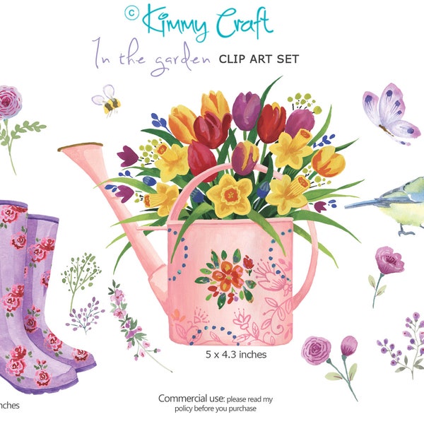 Watercolor hand painted clip art with watering can of flowers, pretty boots, bird and butterfly