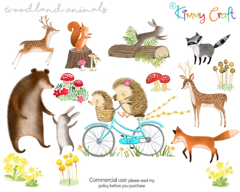 May include: A digital illustration of woodland animals, including a bear, deer, fox, raccoon, squirrel, hedgehog, and rabbit. The animals are depicted in a whimsical style with bright colors and playful details. The illustration includes the text "woodland animals" and "Kimmy Craft".