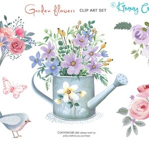 Met de hand geschilderde clip kunst met drenken kan van bloemen, drie Posies van bloemen. vogel en vlinder