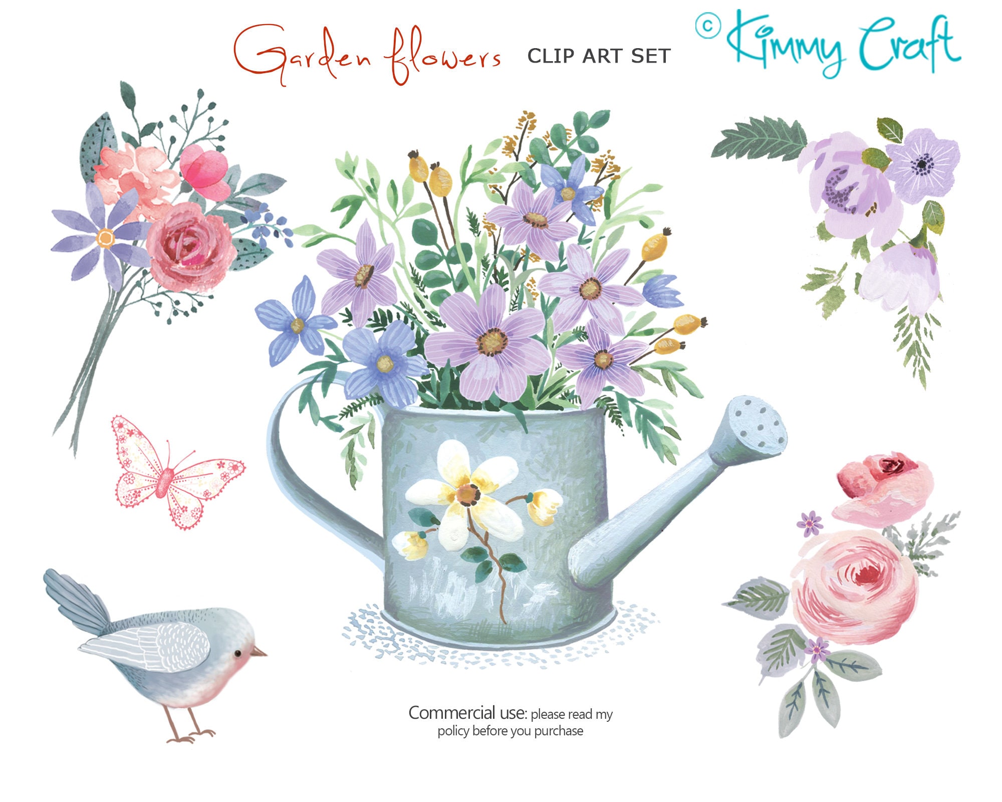 Hand Painted Clip Art With Watering Can of Flowers, Three Posies of