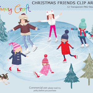 cute skaters on a frozen pond with trees and dog clip art digital download for personal and commercial use. 12 quality PNG files