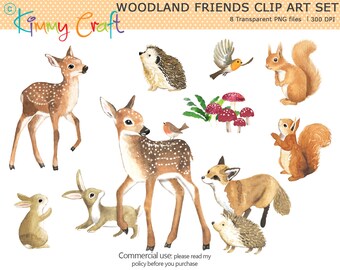 May include: A set of eight watercolor illustrations of woodland animals, including deer, squirrels, hedgehogs, rabbits, and a fox. The illustrations are in a cartoon style and are perfect for use in crafts, scrapbooking, or digital design.