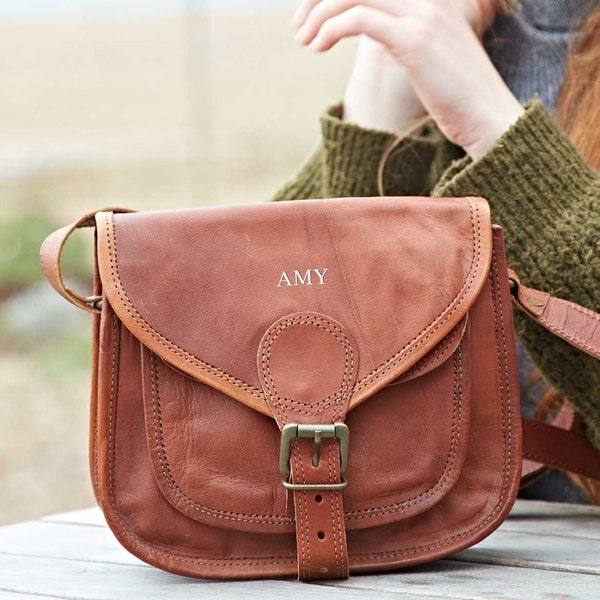 Personalised Curved Brown Leather Saddle Bag - Shoulder Bag - Leather Handbag - Personalised Leather Bag For Women - Monogram Crossbody Bag