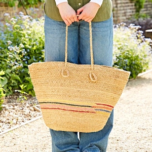 Large Natural Jute Tote Bag - Beach Bag - Eco-friendly Jute & Colourful Stripes of Recycled Cotton Rags