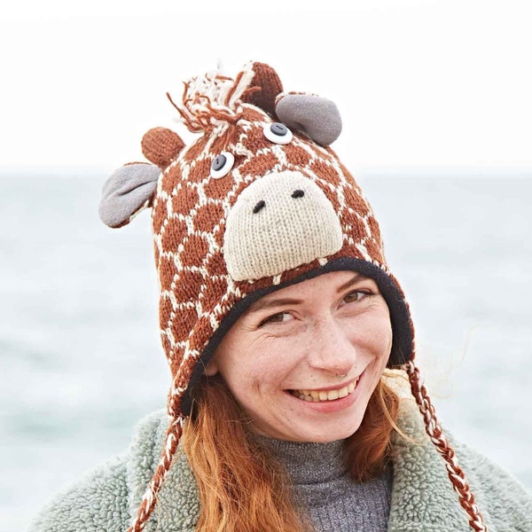 Bonnet animal en laine girafe fait main - Bonnet en laine - Chapeaux animaux pour enfants - Chapeaux tricotés pour femmes - Bonnet en laine pour hommes - Bonnet en laine - Bonnet fantaisie