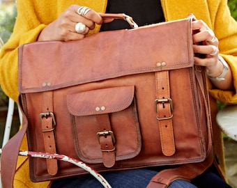 Gepersonaliseerde vintage stijl bruin lederen laptoptas - schoudertas - leren handtas - leren tas voor dames - monogram crossbody