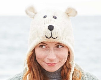 Handmade Polar Bear Woollen Animal Hat - Woolly Hat - Animal Hats For Kids - Knitted Women's Hats - Men's Wooly Hat - Wool Hat - Novelty Hat