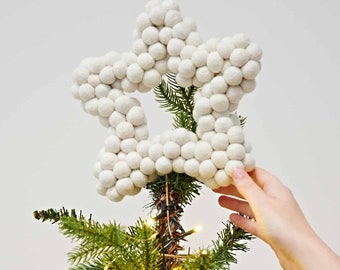 Felt Pom Pom White Star Tree Topper: Handmade Wool Holiday Decor