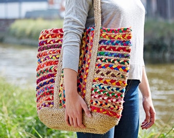 Cotton Jute Shopping Bag - Handmade Recycled Fabric Shopper Bag - Colourful Tote Bag - Shoulder Bag - Gift for Mom - Multicoloured Tote Bag