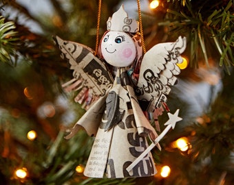 Recycled Newspaper Angel Decoration - Eco-Friendly Christmas Ornament - Angel Tree Topper - Angelic Xmas Bauble - Sustainable Christmas
