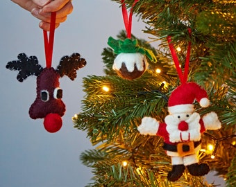Set Of Three Felt Christmas Tree Decorations - Felted Ornament - Wool Christmas Bauble - Felt Handmade Xmas Décor - Classic Tree Ornament