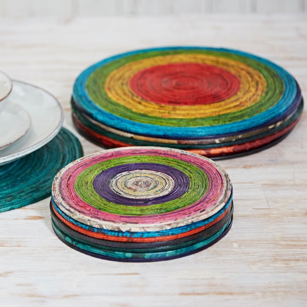 Recycled Newspaper Round Placemats - Unique Place Mat - Colourful Tableware - Dinner Table Place Setting - Recycled Paper Table Mats