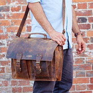 Personalised Handmade Buffalo Leather Briefcase - Shoulder Bag - Leather Messenger Bag - Personalized Monogram Crossbody Bag - Bags For Men