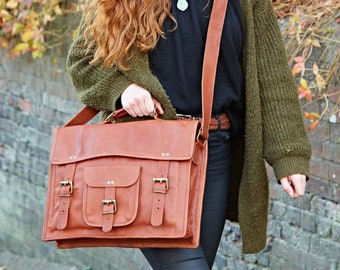 Personalised Vintage Style Brown Leather Laptop Satchel - Shoulder Bag - Leather Handbag - Leather Bag For Women - Monogram Crossbody