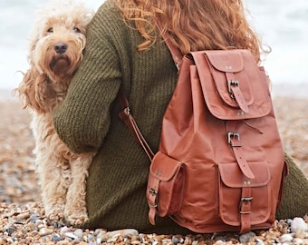 Personalised Large Brown Leather Rucksack