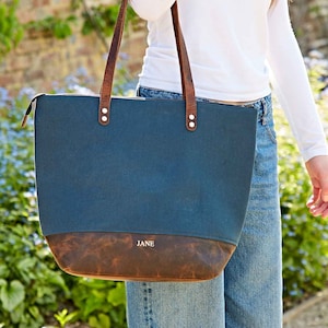 Personalised Buffalo Leather And Blue Canvas Tote Bag - Shopper Bag - Unisex - Shoulder Bag - Handbag