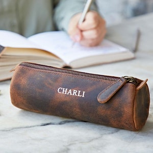 Personalised Buffalo Leather Round Pencil Case - Personalized Zipper Pouch - Cosmetic Bag - Pencil Pouch - Gift for Artists - Back To School