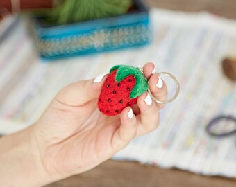 Felt Strawberry Keyring - Strawberry Keychain - Fruit Key Fob - Cute Keychain - Kawaii Fruit - Handmade Felt Keyring - Stocking Fillers