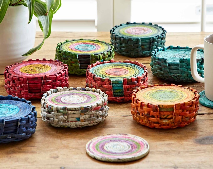 Set of 6 Recycled Newspaper Coasters: Multicoloured Drink Mats, Sustainable Tableware