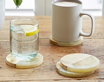 Set of 4 Round Mango Wood and Resin Coasters - Drink Mat - New Home Gift - Tableware - Handmade Gift - Barware