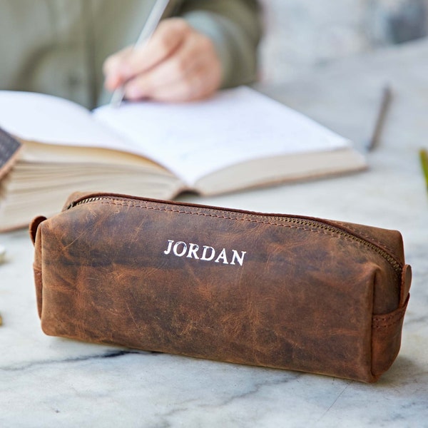 Personalised Buffalo Leather Square Pencil Case - Personalized Zipper Pouch - Cosmetic Bag - Pencil Pouch - Gift for Artists -Back To School