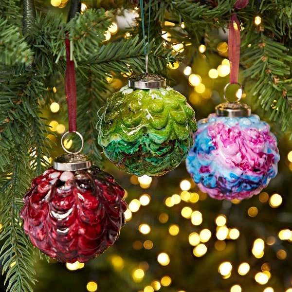 Ryka Coloured Recycled Glass Marble Baubles - Holiday Décor - Xmas Hanging Glass Ornaments - Christmas Tree Decoration