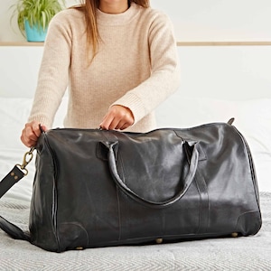 Personalised Black Leather Weekend Holdall: Travel Gym Bag