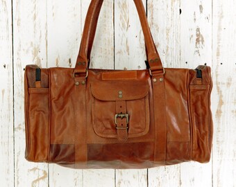Reworked Personalised Recycled Leather Weekend Bag - Large Brown Leather Gym Holdall - Duffle Bag - Overnight Travel Bag for Him