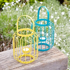 Colourful Iron Lantern Tea Light Holder - Centrepiece - Small Pillar Candle Holder - Indoor - Outdoor - Vibrant Teal or Yellow Colour