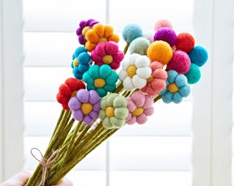 6er-Pack handgefertigter Blumenstrauß aus Filz - Blumenstrauß aus Filz - Blumenstrauß aus Filz - Gänseblümchen oder Pompom - Pastell- oder leuchtende Mischfarben