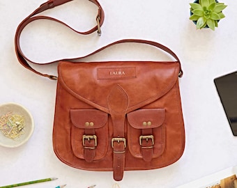 Reworked Personalised Brown Leather Saddle Bag - Large Shoulder Bag - Leather Handbag - Monogram Crossbody Bag