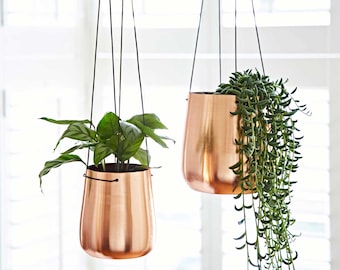 Iron Hanging Planter - Copper Plated - Indoor Decorative Pots - Hanging Plant Pot - Balcony Décor - Adjustable Strap - Hanging Décor