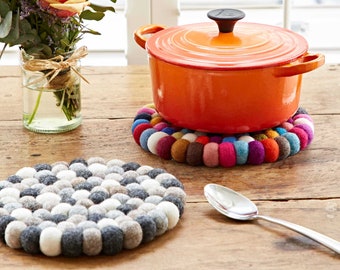 Handmade Felt Ball Trivet - Grey or Multicoloured - Christmas Stocking Filler- Unusual New Home Gift - Quirky Home Décor