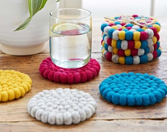 Set of 4 Handmade Felt Ball Coasters - Mixed Colours, Multicoloured or Grey - Christmas Stocking Filler - New Home Gift - Quirky Drink Mat