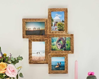 Natural Floral Patterned Mango Wood Multi Photo Frame - 4x6 Picture Frame - Carved Wooded Wall Frame - Multiple Photos - Sustainable