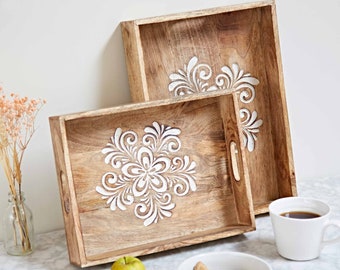 Floral Carved Natural Mango Wood Tea Tray - Two Sizes - Handmade and Sustainable - Serving Tray - Home Décor - Decorative Tray