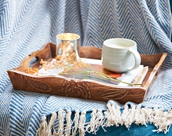 Hand Carved Wooden Tea Tray - Mango Wood Serving Tray - Coffee Table Tray - Rustic Ottoman Tray - Decorative Perfume Tray - Breakfast Tray