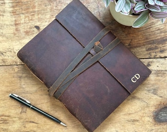 Personalised Brown Buffalo Leather Journal with Flap and Leather Tie