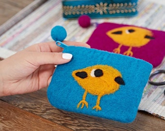 Felt Birdie Purse - Made from Merino Wool - Colourful and Bright Coin Purses - Handmade Felt Purse