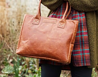 Reworked Personalised Vintage Style Large Brown Leather Shopper Bag - Handmade Shoulder Bag - Leather Handbag - Laptop Work or School Bag