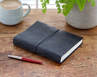 Personalised Large Black Buffalo Leather Elastic Tie Journal - Gift For Writers - Recycled Paper - Handmade Initial Notebook