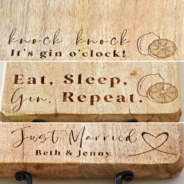 Personalised Laser Engraved Natural Mango Wood Rectangular Chopping Board - Gin O'clock - Eat, Sleep, Gin, Repeat - Just Married/Anniversary