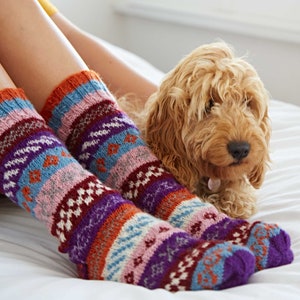 Fair Trade Hand Knitted Fairisle Stripy Woollen Socks Multiple Colours Knitted Nordic Woolly Slipper Socks 2 Sizes 100% Wool Orange, Blue & Pink