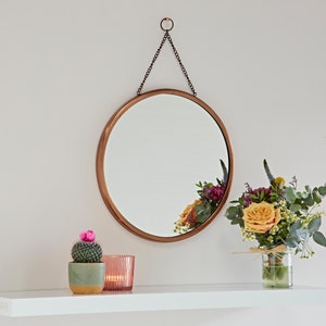 Round Antique Copper Hanging Chain Wall Mirror - Hanging Mirror - Recycled Metal Mirror - Handmade - Fair Trade