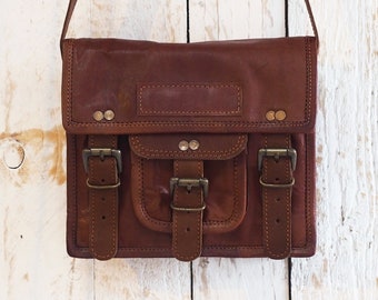 Reworked Personalised Vintage Style Brown Leather Small Satchel - Shoulder Bag - Leather Handbag - Monogram Crossbody