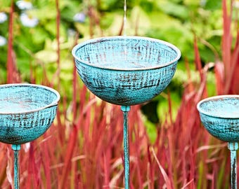 Recycled Iron Distressed Blue Rain Catcher - Plant Support - Bird Feeder - Bird Bath - Garden Ornament Feature