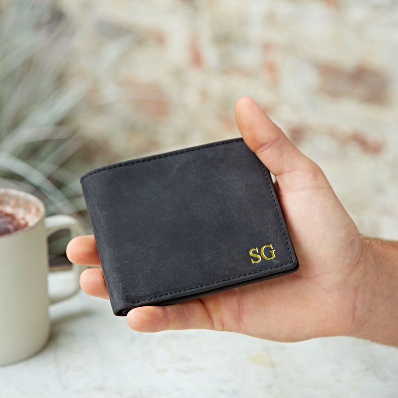 Cartera personalizada de piel de búfalo negra hecha a mano - Tarjetero personalizado - Tarjetero y monedero - Regalo personalizado para él Front