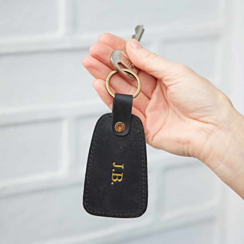 Personalised Black Buffalo Leather Tag Keyring Embossed Personalized Keychain Gift Recycled Leather Key Fob Initials Black Keyring image 1