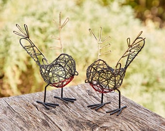 Set of Two Small Wire Winged Robin Decorative Ornament: Handmade Bird Sculpture, Garden Decor