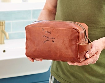 Personalised Handwriting Leather Wash Bag - Custom Father's Day Gift - Leather Washbag - Father's Day Gift - Travel Wash Bag